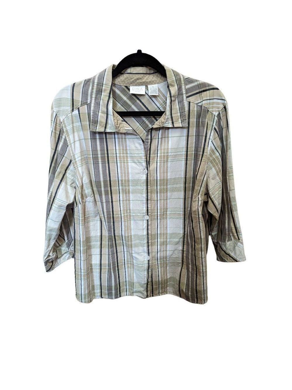 Erika Women's 1X Tan White Plaid Cotton Button-Up Shirt